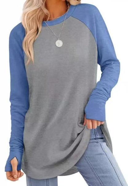 Womens Tunic Tops to Wear with Leggings Long Sleeve Thumb Crew Neck Curved Hem