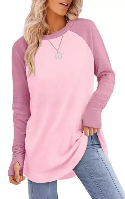 Womens Tunic Tops to Wear with Leggings Long Sleeve Thumb Crew Neck Curved Hem