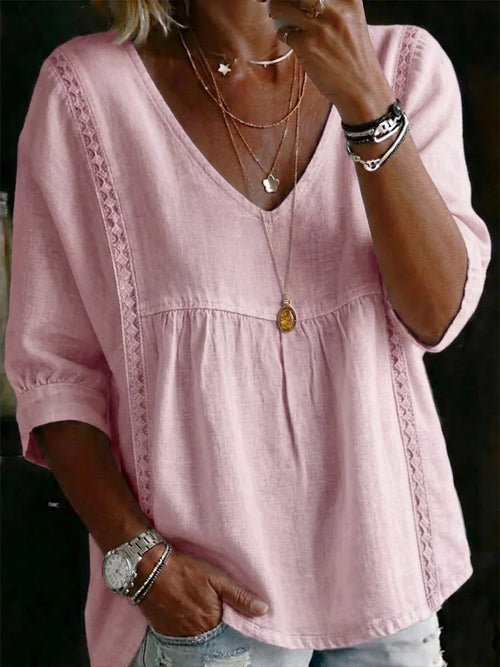 Women's Lace Trim V Neck 3/4 Sleeve Cotton Blend Tunic Top Loose Fit Babydoll Casual Blouse