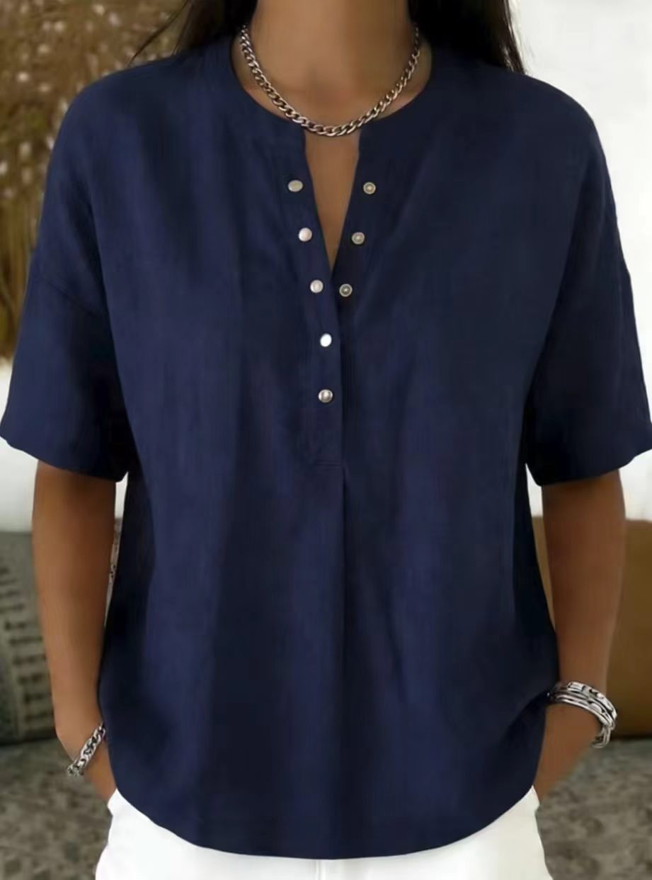 New Arrivals🔥Women's Casual Henley Collar Linen And Cotton Short-sleeve Shirt