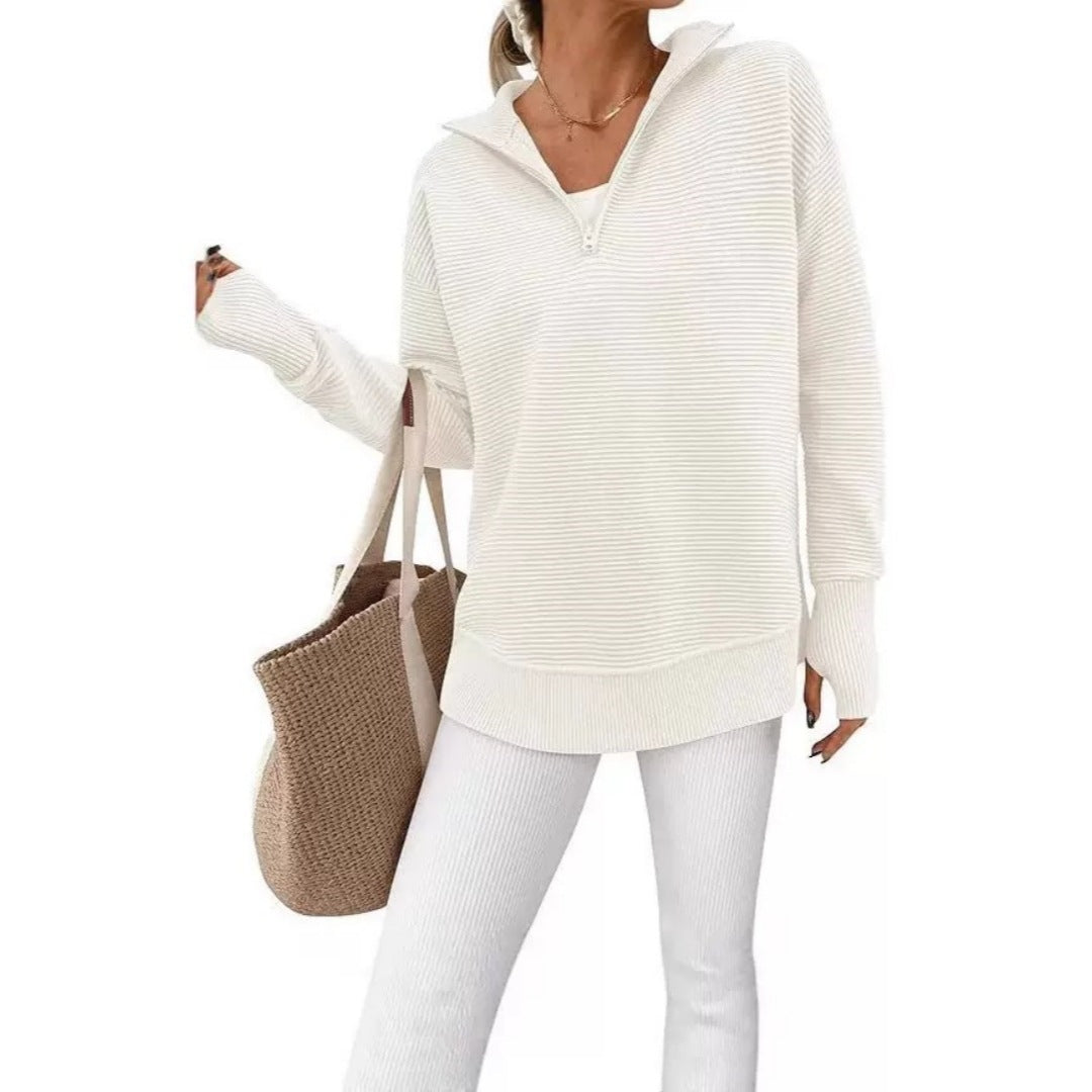 Women's Cozy Quarter-Zip Sweater – Soft Ribbed Knit V-Neck Pullover with Thumb Holes