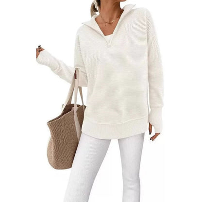 Women's Cozy Quarter-Zip Sweater – Soft Ribbed Knit V-Neck Pullover with Thumb Holes