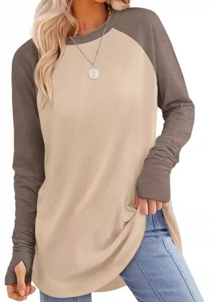 Womens Tunic Tops to Wear with Leggings Long Sleeve Thumb Crew Neck Curved Hem
