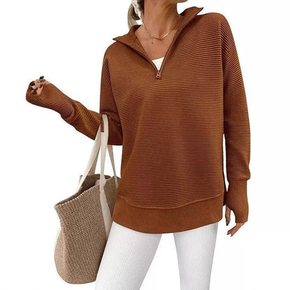 Women's Cozy Quarter-Zip Sweater – Soft Ribbed Knit V-Neck Pullover with Thumb Holes