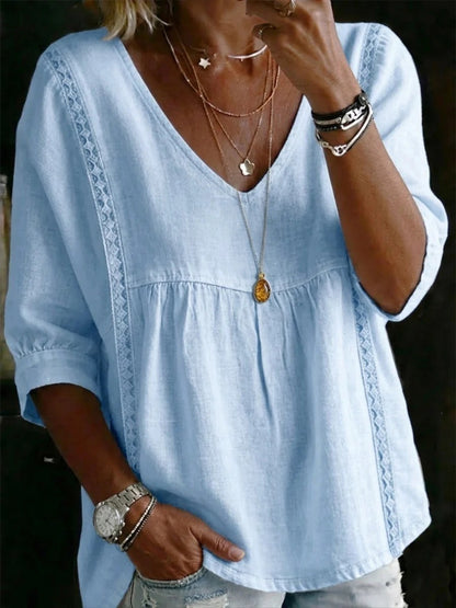 Women's Lace Trim V Neck 3/4 Sleeve Cotton Blend Tunic Top Loose Fit Babydoll Casual Blouse