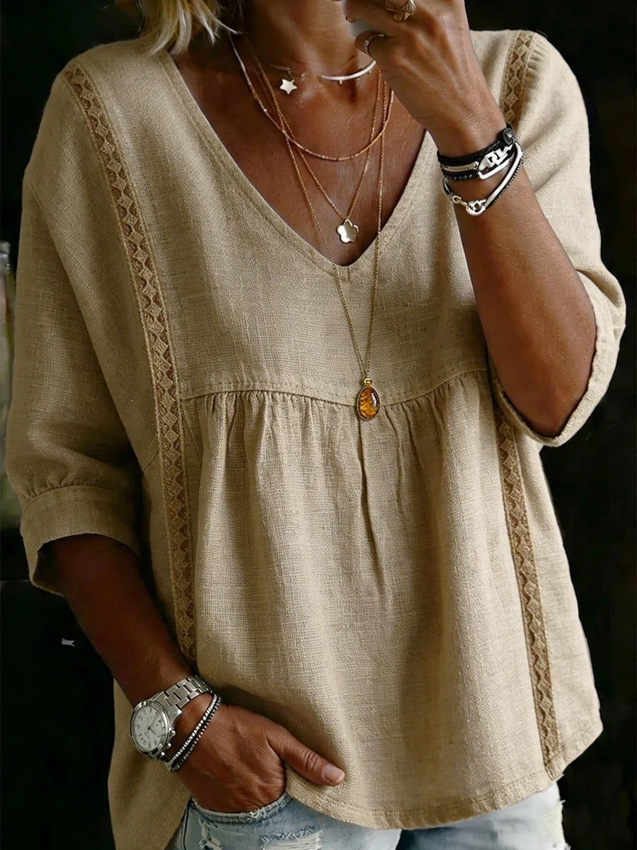 Women's Lace Trim V Neck 3/4 Sleeve Cotton Blend Tunic Top Loose Fit Babydoll Casual Blouse