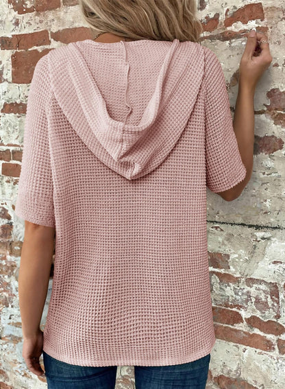 ✨Women's Waffle Knit Button V Neck Short Sleeve Lightweight Drawstring Hoodies