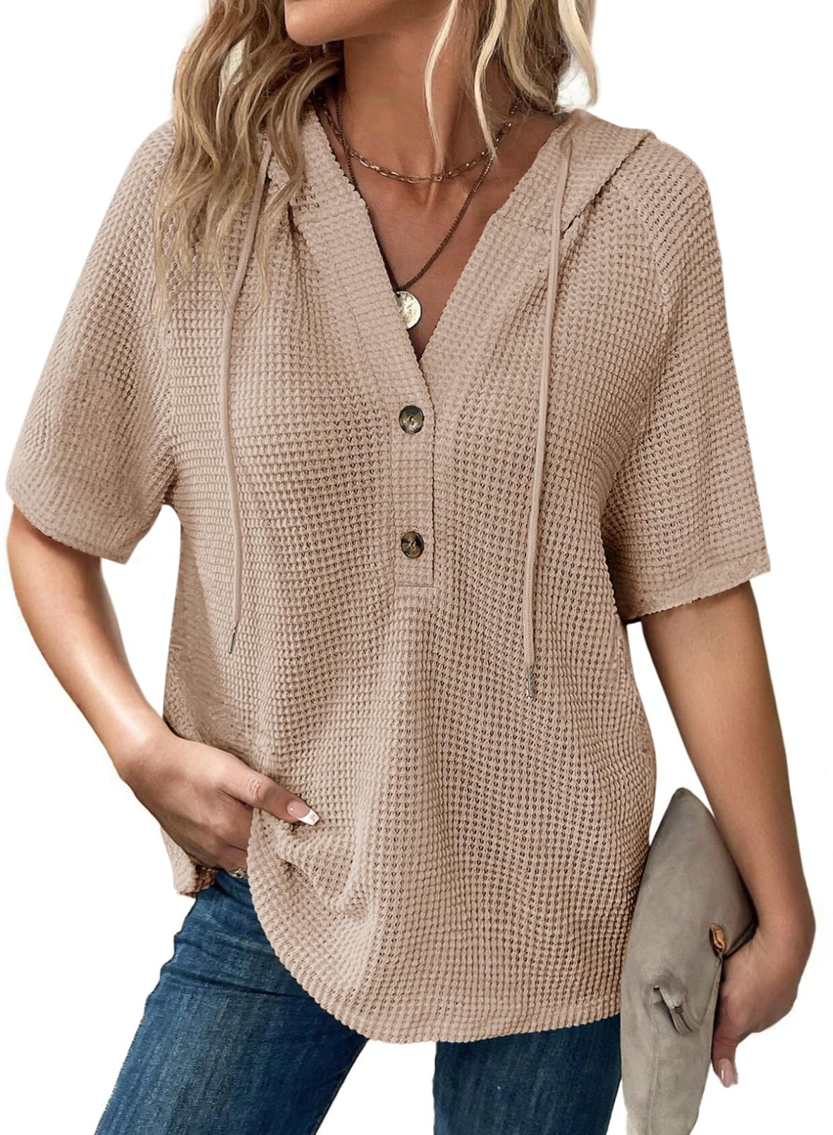 ✨Women's Waffle Knit Button V Neck Short Sleeve Lightweight Drawstring Hoodies