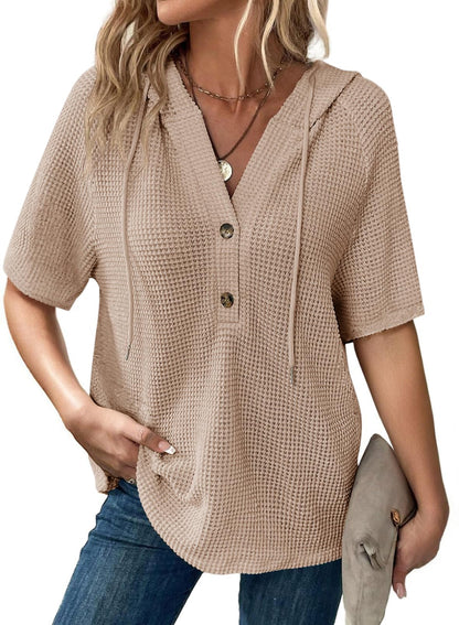 ✨Women's Waffle Knit Button V Neck Short Sleeve Lightweight Drawstring Hoodies
