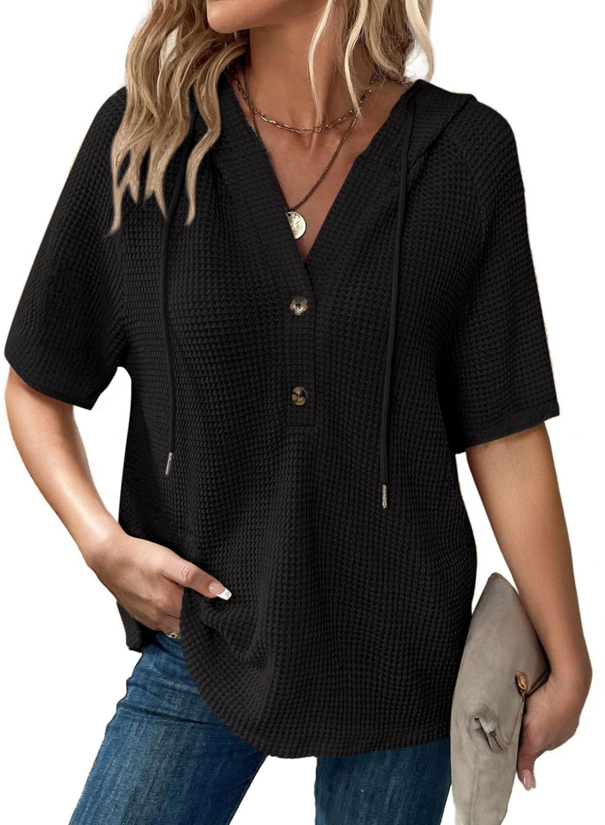✨Women's Waffle Knit Button V Neck Short Sleeve Lightweight Drawstring Hoodies