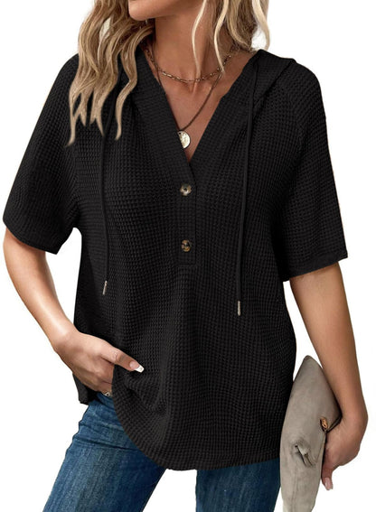 ✨Women's Waffle Knit Button V Neck Short Sleeve Lightweight Drawstring Hoodies