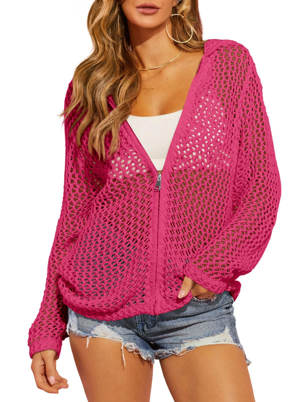 Rose red cotton crochet hooded cardigan