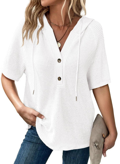 ✨Women's Waffle Knit Button V Neck Short Sleeve Lightweight Drawstring Hoodies