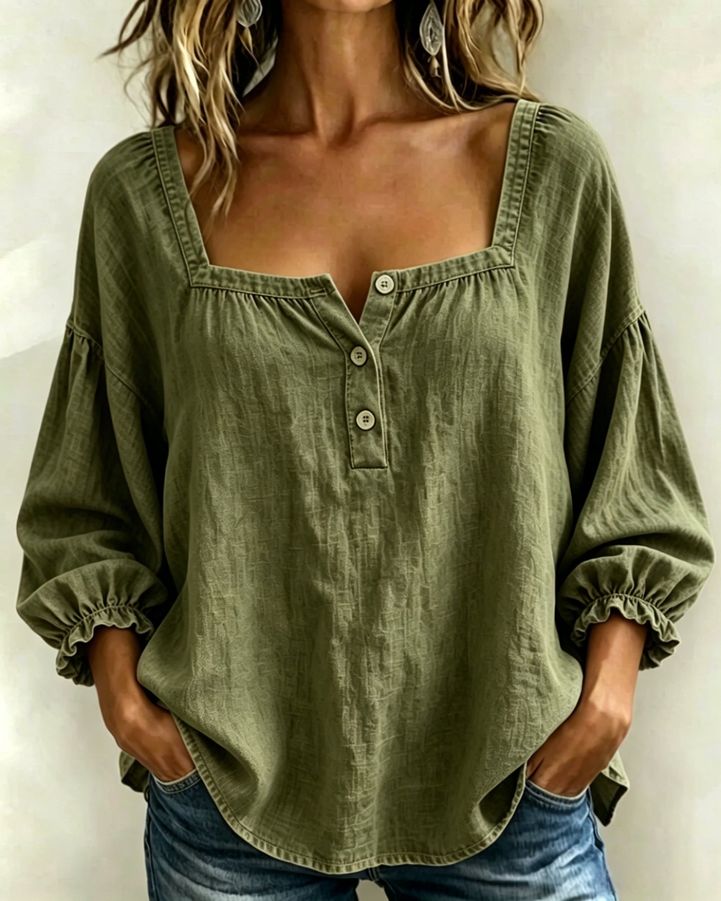 CLEARANCE🔥 Women’s Denim Square-Neck Three-Quarter Sleeve Top