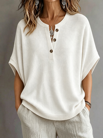 CLEARANCE SALE🔥Women's Waffle Knit Batwing Sleeve Henley Top