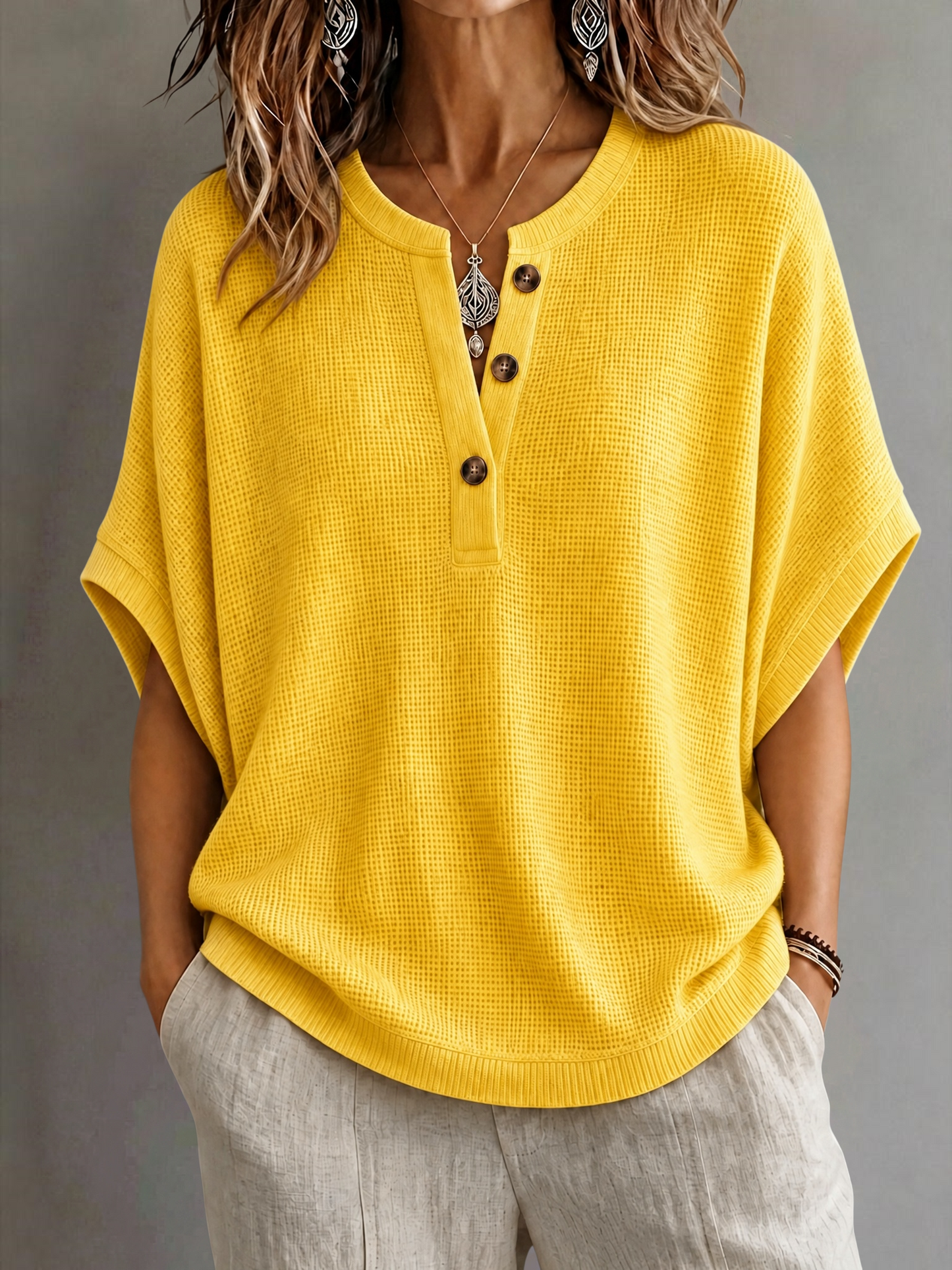 CLEARANCE SALE🔥Women's Waffle Knit Batwing Sleeve Henley Top
