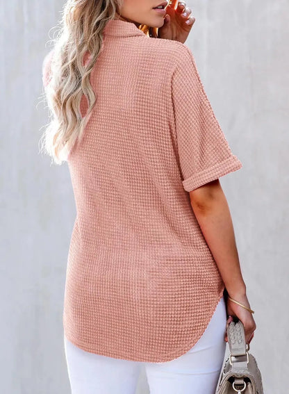 🔥2026 HOT SEAL ! ! !🔥100% Cotton Women's Waffle Knit Short Sleeve Tunic Henley Shirts