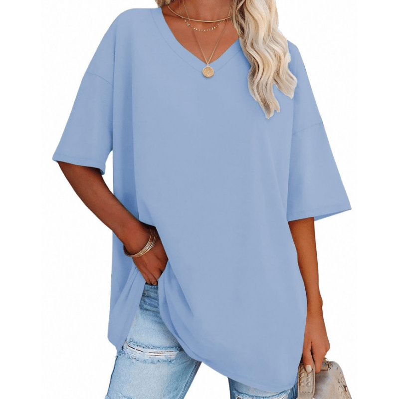 Soft Stretch Cotton Blend Plus Size V-Neck Tees, Oversized Loose Fit Casual Half Sleeve Tunic Shirts, Versatile Basic Wardrobe Staple for Spring Summer Fall Winter