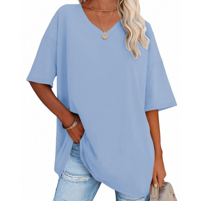 Soft Stretch Cotton Blend Plus Size V-Neck Tees, Oversized Loose Fit Casual Half Sleeve Tunic Shirts, Versatile Basic Wardrobe Staple for Spring Summer Fall Winter