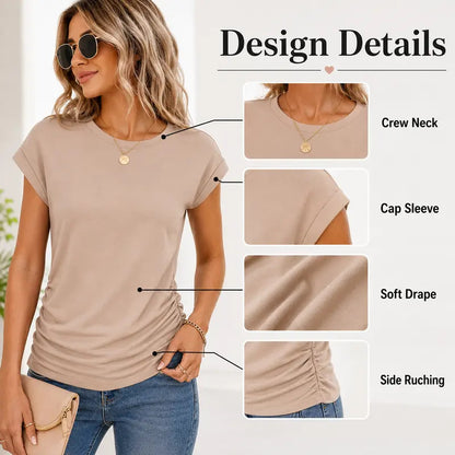 Womens Summer Tops Trendy 2026 Ruched Cap Short Sleeve Tshirts Shirts Crew Neck T Shirts