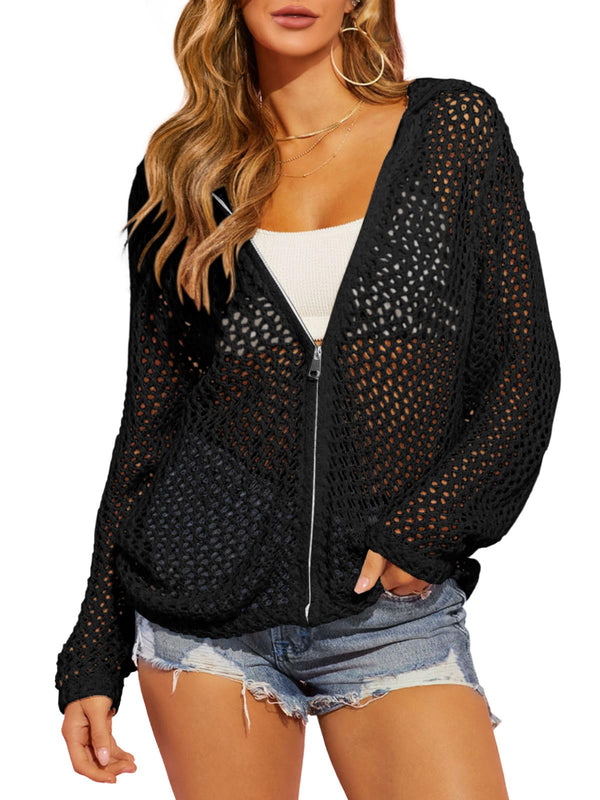 Black cotton crochet hooded cardigan