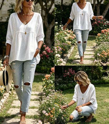 ✨ Women's Elegant V-Neck Lace Blouse | 3/4 Puff Sleeves & Side Lace Details | Loose Fit Bohemian Top for Office & Casual Wear
