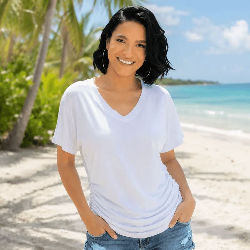 🔥LAST DAY 49% OFF-2026 New Women's Short Sleeve V-Neck Dolman Top, Soft Breathable Loose Fit Shirt with Side Waist Shirring, Versatile Casual Everyday Blouse