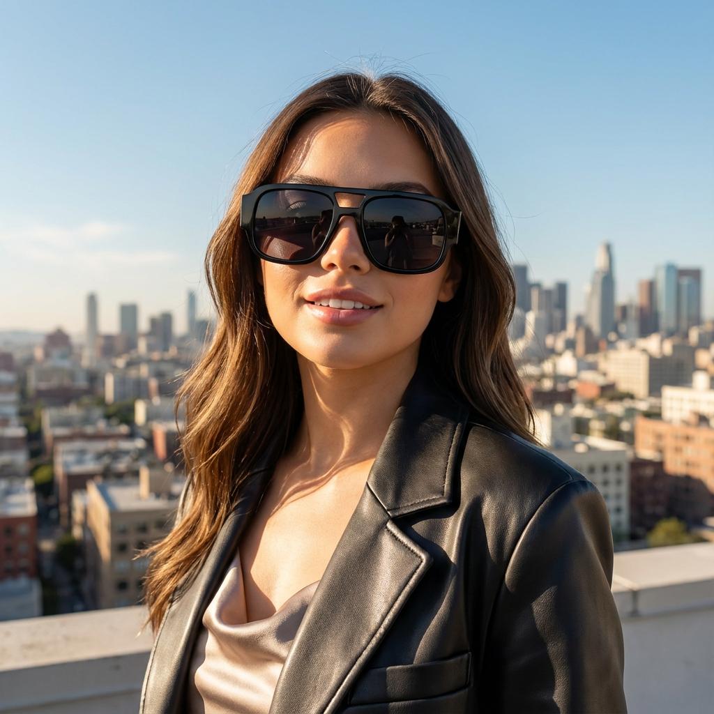 Woman wearing black aviator sunglasses with a leather jacket on a rooftop