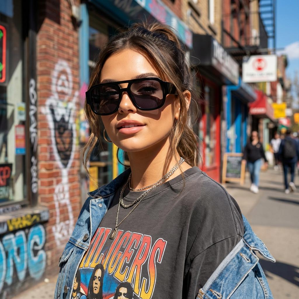 Woman wearing black rectangular aviator sunglasses with a casual streetwear outfit