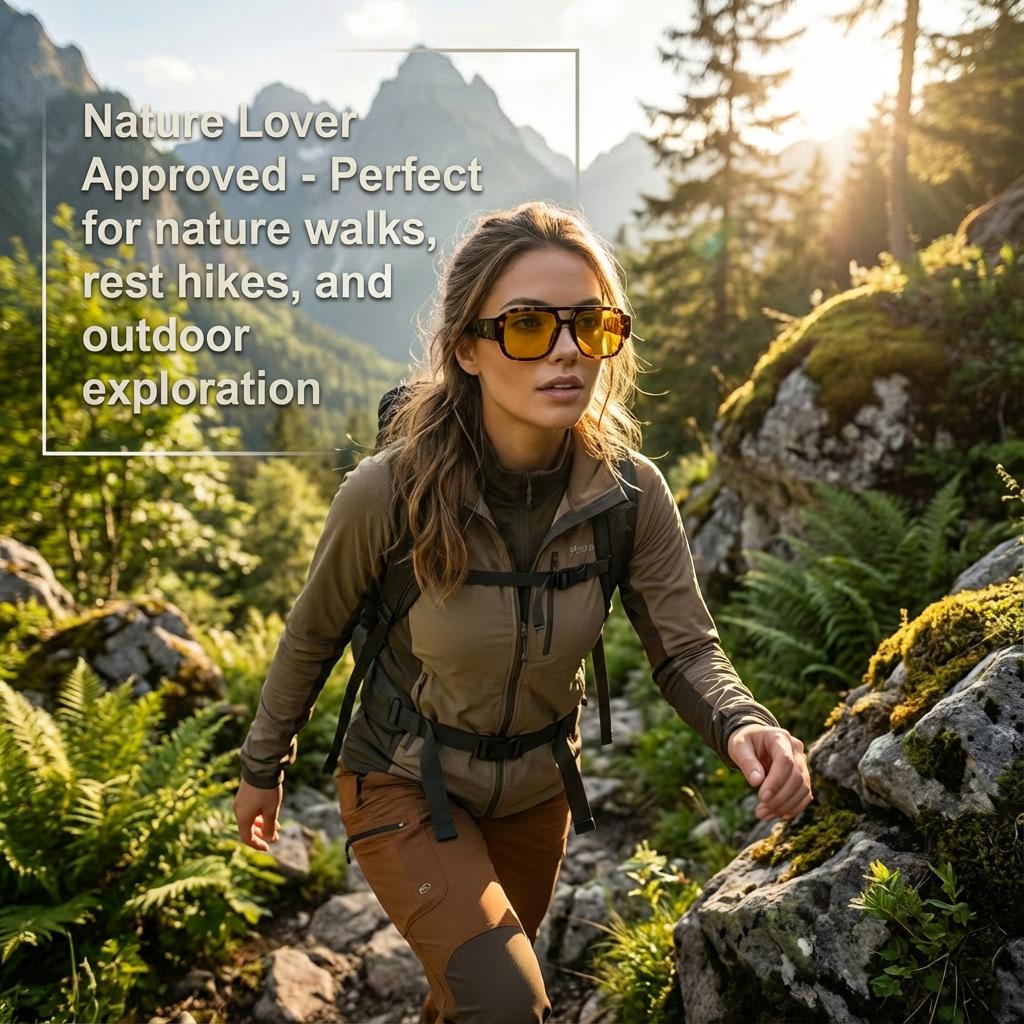Woman wearing rectangular sunglasses during an outdoor hike