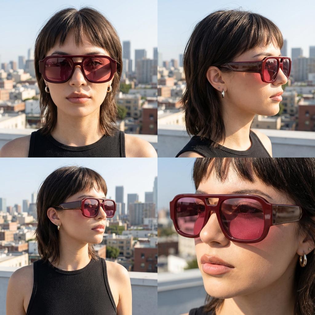Wine aviator sunglasses shown from several rooftop angles