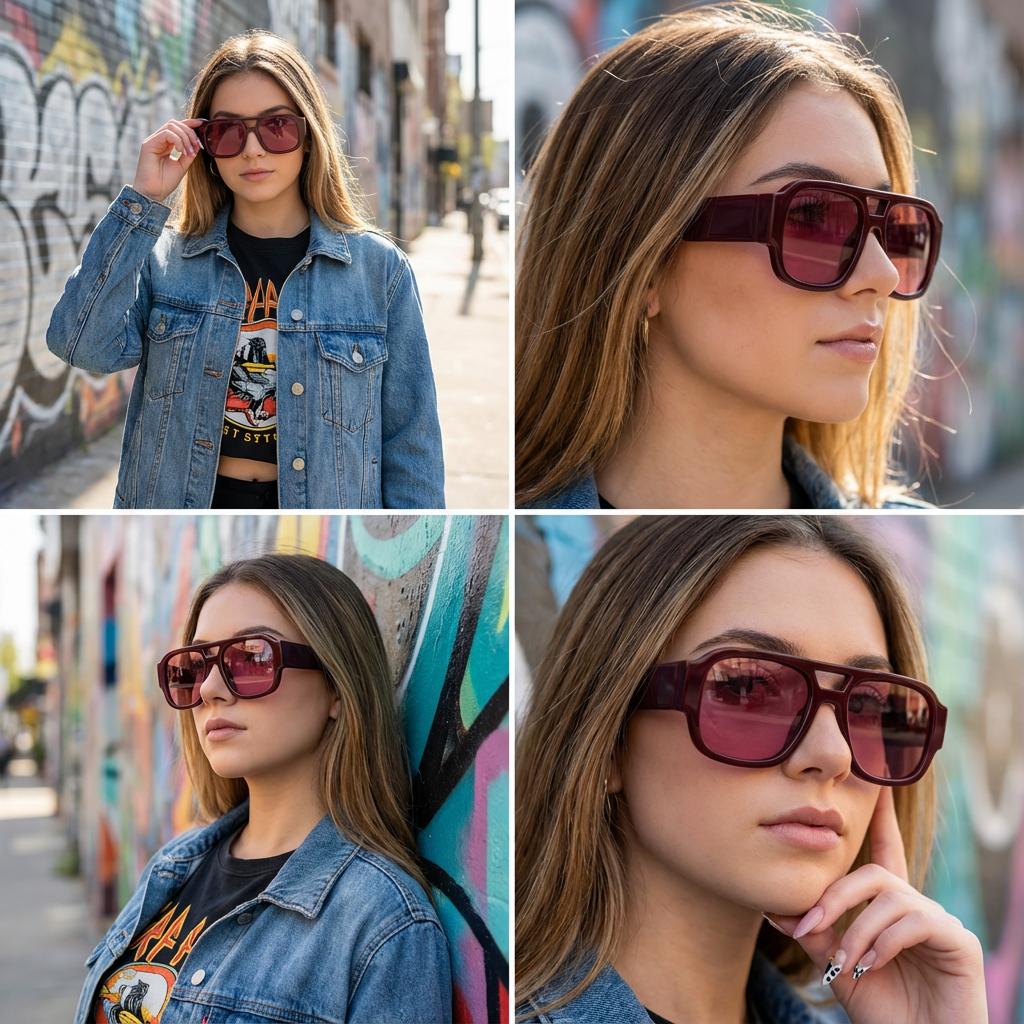 Wine aviator sunglasses styled with denim in a street setting