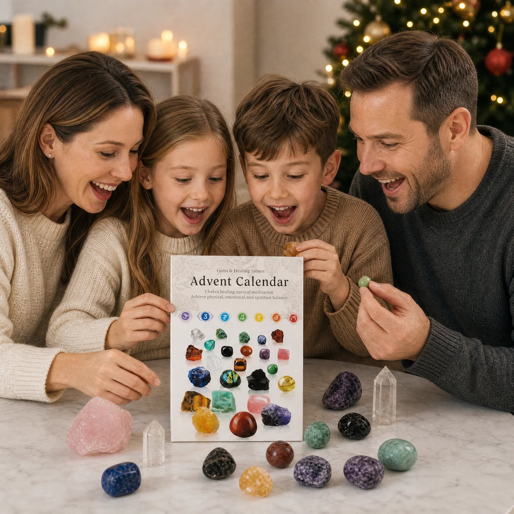 Family enjoying a crystal advent calendar together at Christmas