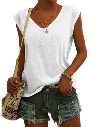 Womens Cap Sleeve Tops V Neck Loose Fit Tshirts