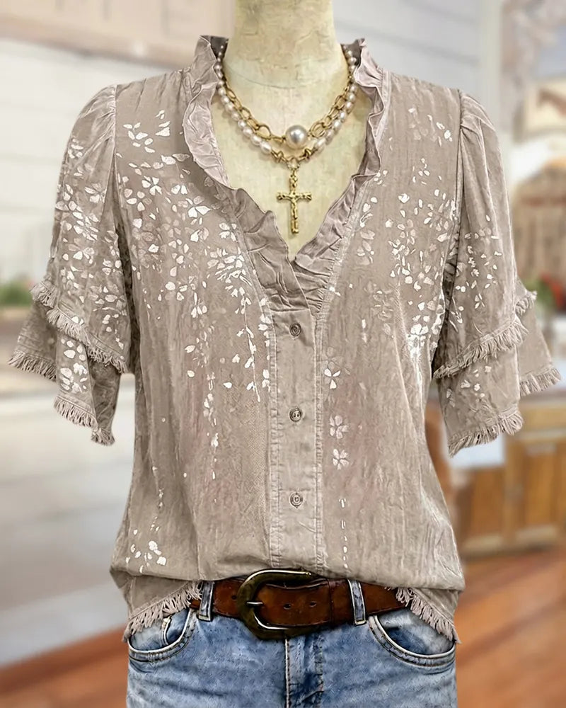 🔥2026 HOT SEAL ! ! !🔥100% Cotton Ruffle Trim V Neck Tiered Sleeve Floral Button Front Blouse
