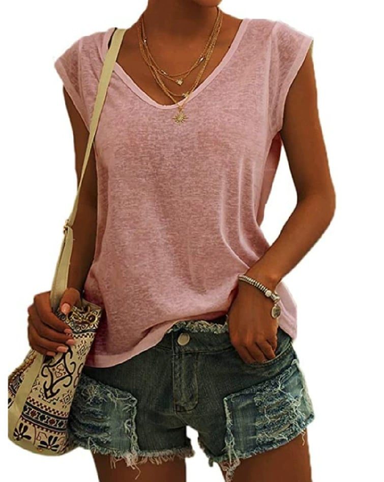 Womens Cap Sleeve Tops V Neck Loose Fit Tshirts