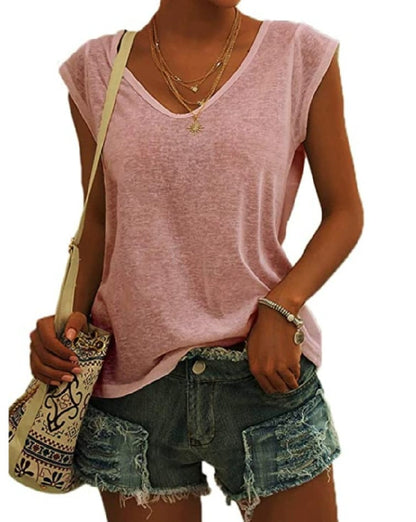 Womens Cap Sleeve Tops V Neck Loose Fit Tshirts