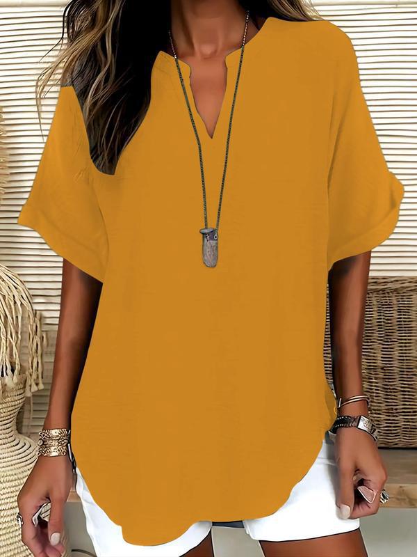 🔥New Arrival 50% OFF🔥Women's Plain Short Sleeve Blouse, Casual Solid Color Top for Daily Wear, Ladies Clothes for All Seasons