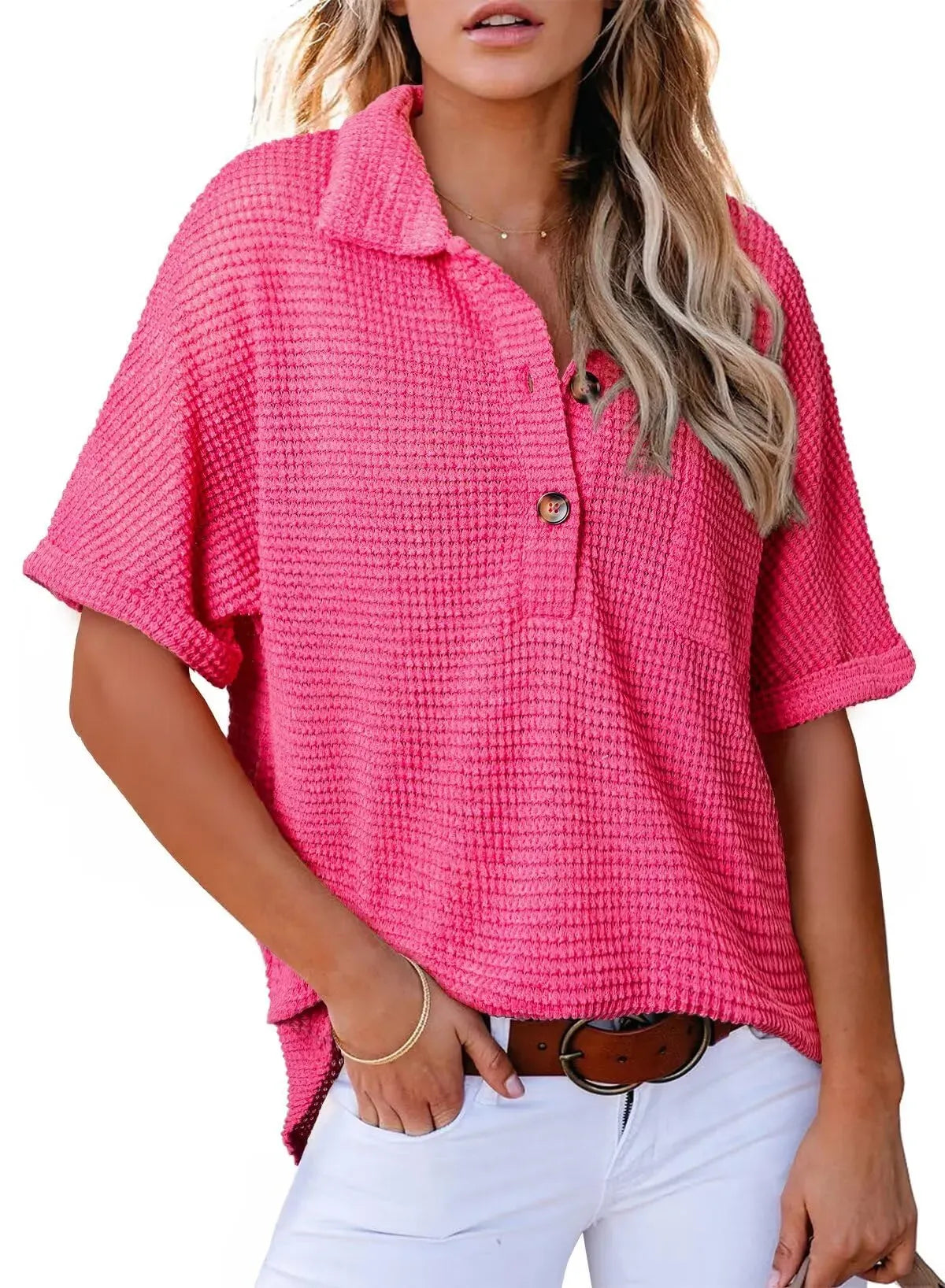🔥2026 HOT SEAL ! ! !🔥100% Cotton Women's Waffle Knit Short Sleeve Tunic Henley Shirts