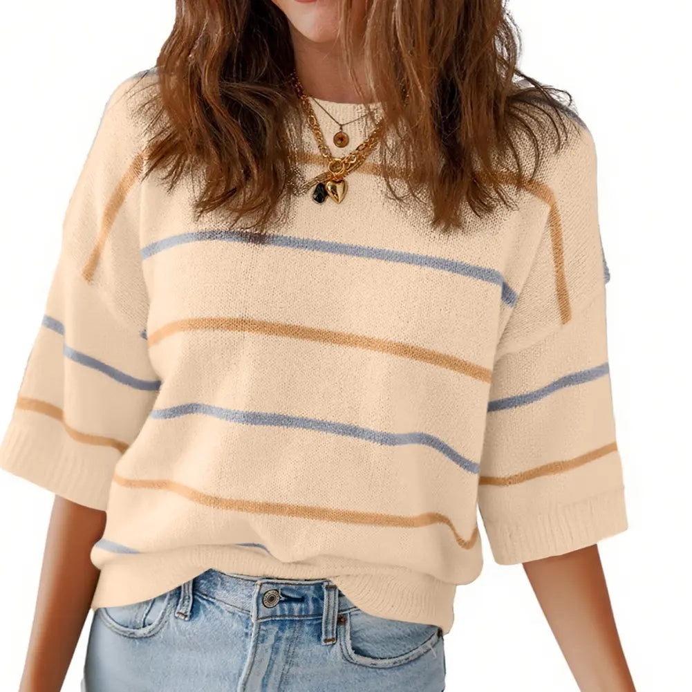 Women's Striped Knit Round Neck Shortsleeve Baggy Pullover 100% Cotton