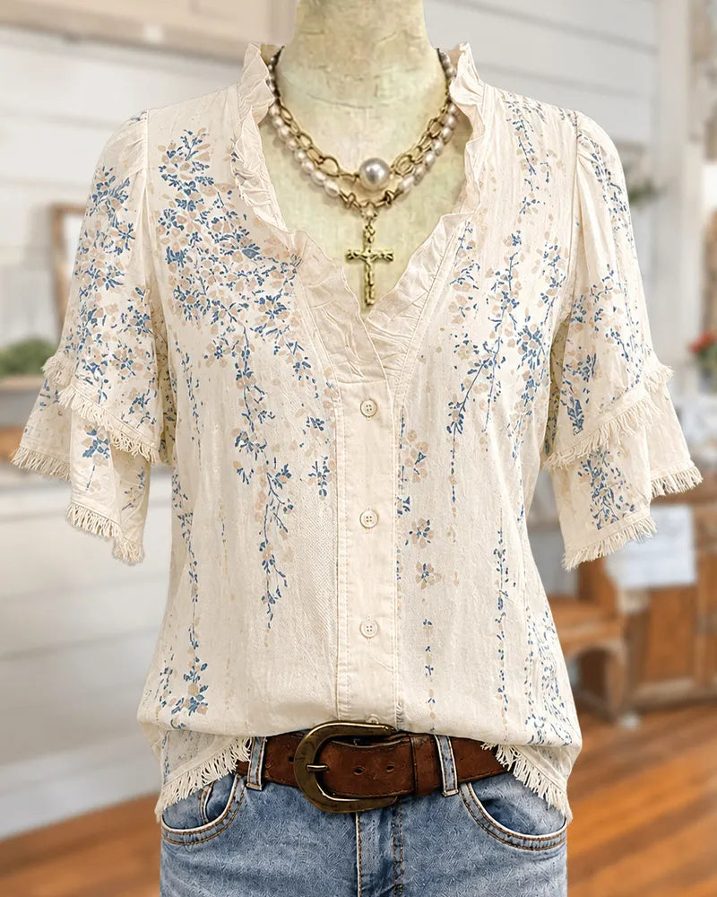 🔥2026 HOT SEAL ! ! !🔥100% Cotton Ruffle Trim V Neck Tiered Sleeve Floral Button Front Blouse