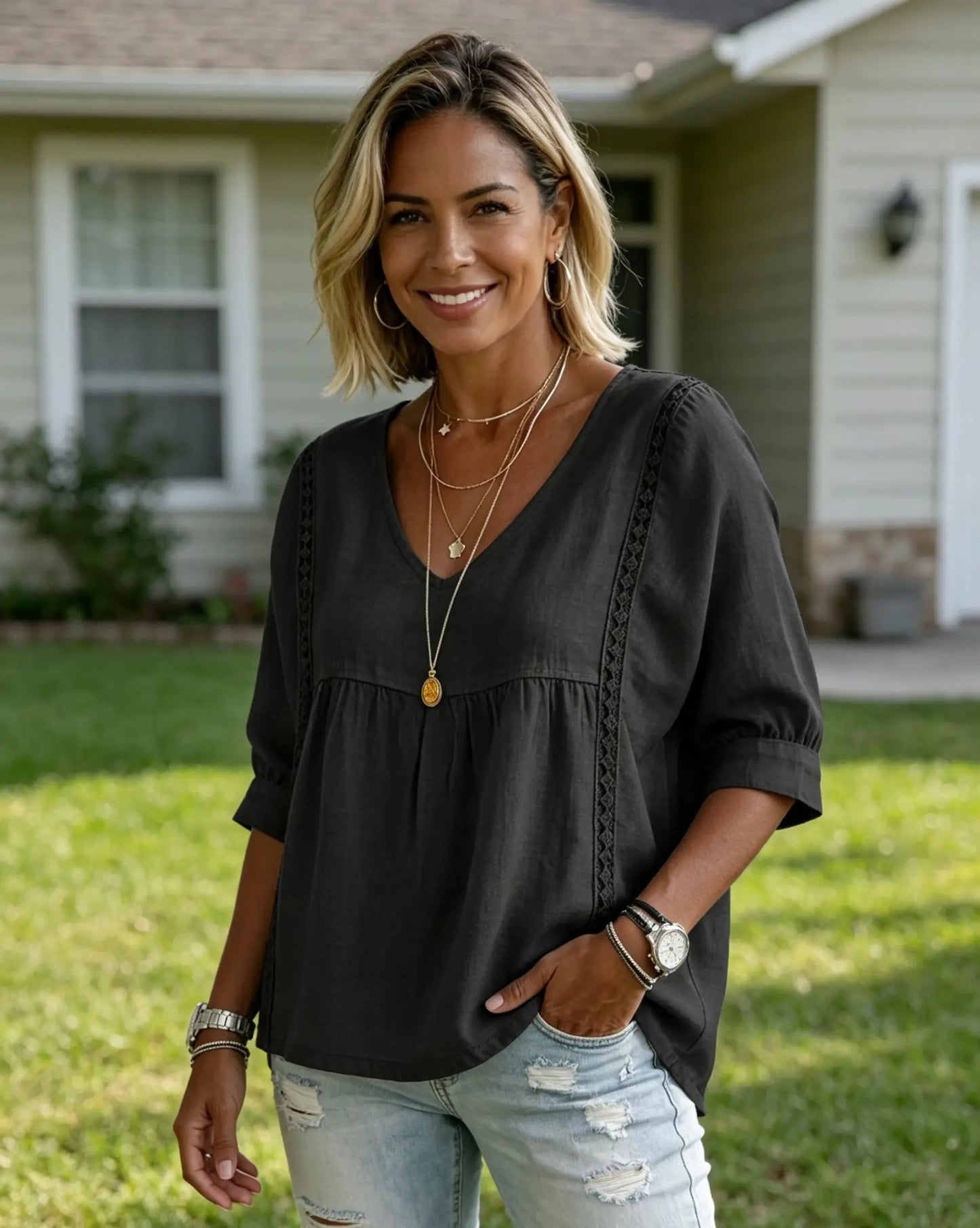 ✨ Women's Elegant V-Neck Lace Blouse | 3/4 Puff Sleeves & Side Lace Details | Loose Fit Bohemian Top for Office & Casual Wear