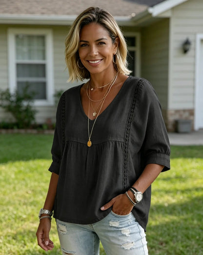 ✨ Women's Elegant V-Neck Lace Blouse | 3/4 Puff Sleeves & Side Lace Details | Loose Fit Bohemian Top for Office & Casual Wear