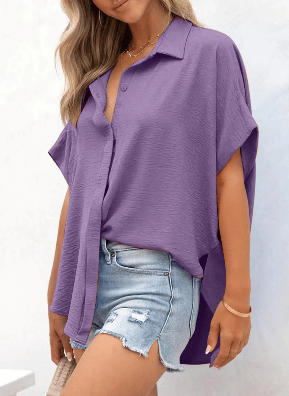 Women's Tops Dressy Casual V Neck Button Down Shirts Solid Short Sleeve Blouses Oversized Fit Batwing Collared Baggy Minimalist Style