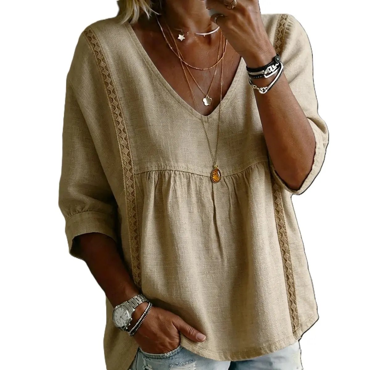 ✨ Women's Elegant V-Neck Lace Blouse | 3/4 Puff Sleeves & Side Lace Details | Loose Fit Bohemian Top for Office & Casual Wear