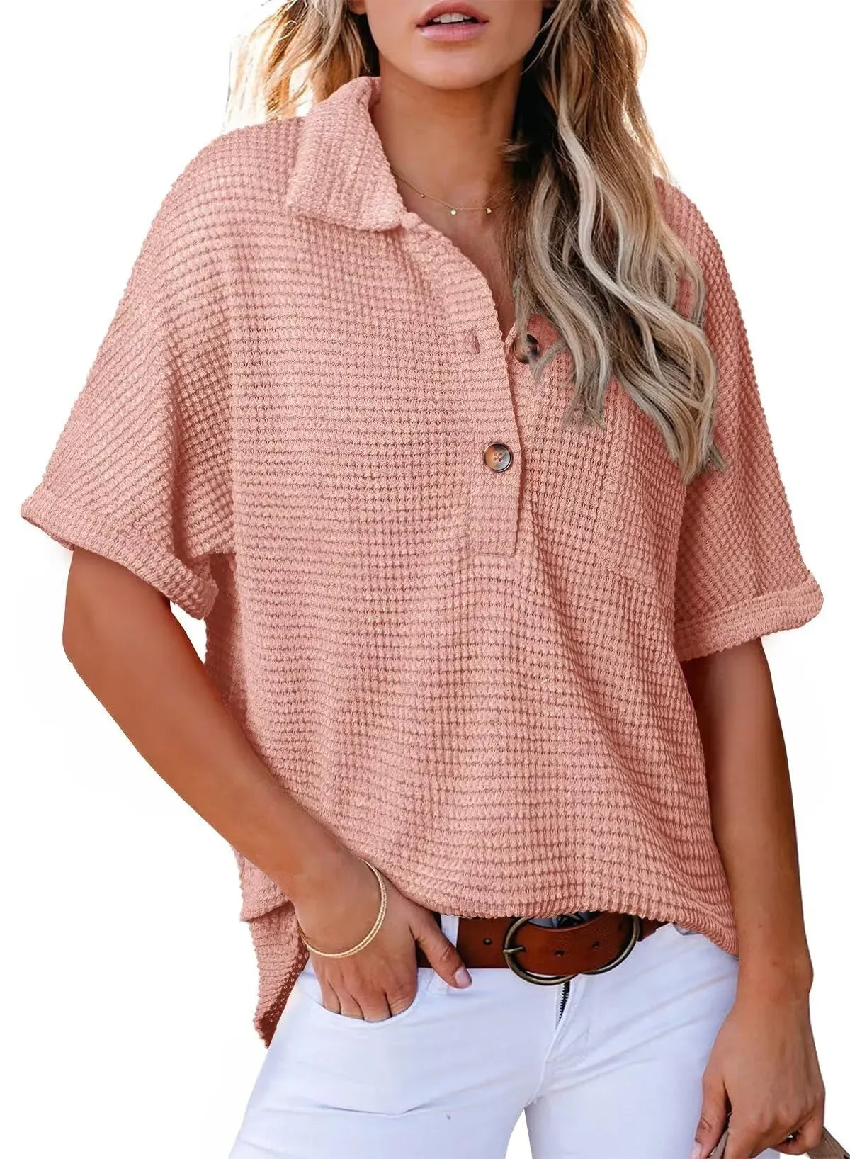 🔥2026 HOT SEAL ! ! !🔥100% Cotton Women's Waffle Knit Short Sleeve Tunic Henley Shirts