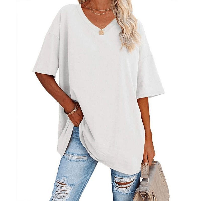 Soft Stretch Cotton Blend Plus Size V-Neck Tees, Oversized Loose Fit Casual Half Sleeve Tunic Shirts, Versatile Basic Wardrobe Staple for Spring Summer Fall Winter