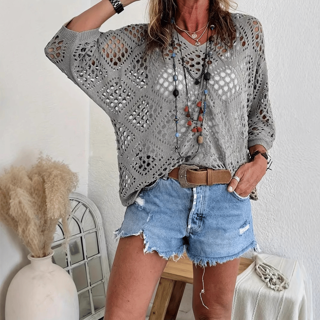 🔥Summer 2026 Best Sellers🔥-Women's Bohemian-Inspired Beige Crochet Top with V-Neck