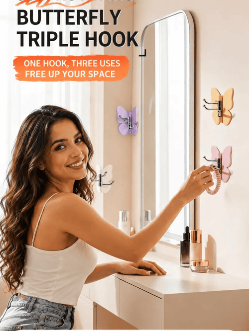 4 Pack Rotating Butterfly Hooks – Strong Adhesive Wall Organizer for Towels, Bags, Hats & Keys | No Drilling Required