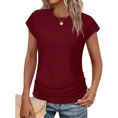 Womens Summer Tops Trendy 2026 Ruched Cap Short Sleeve Tshirts Shirts Crew Neck T Shirts